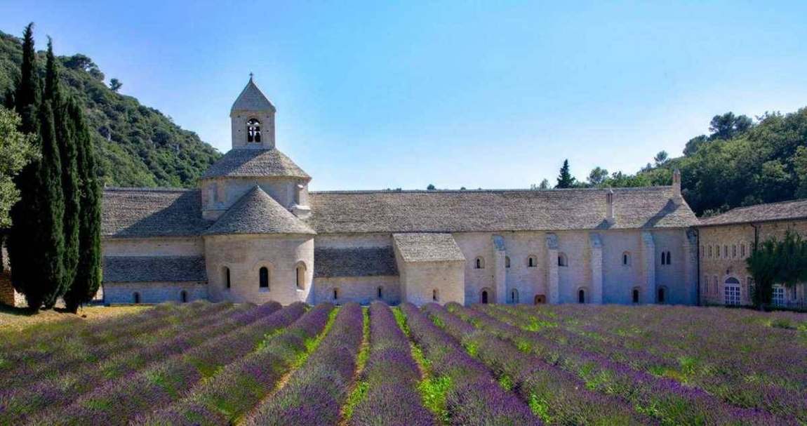 Abbaye de Sénanque framed by lavender fields in Provence