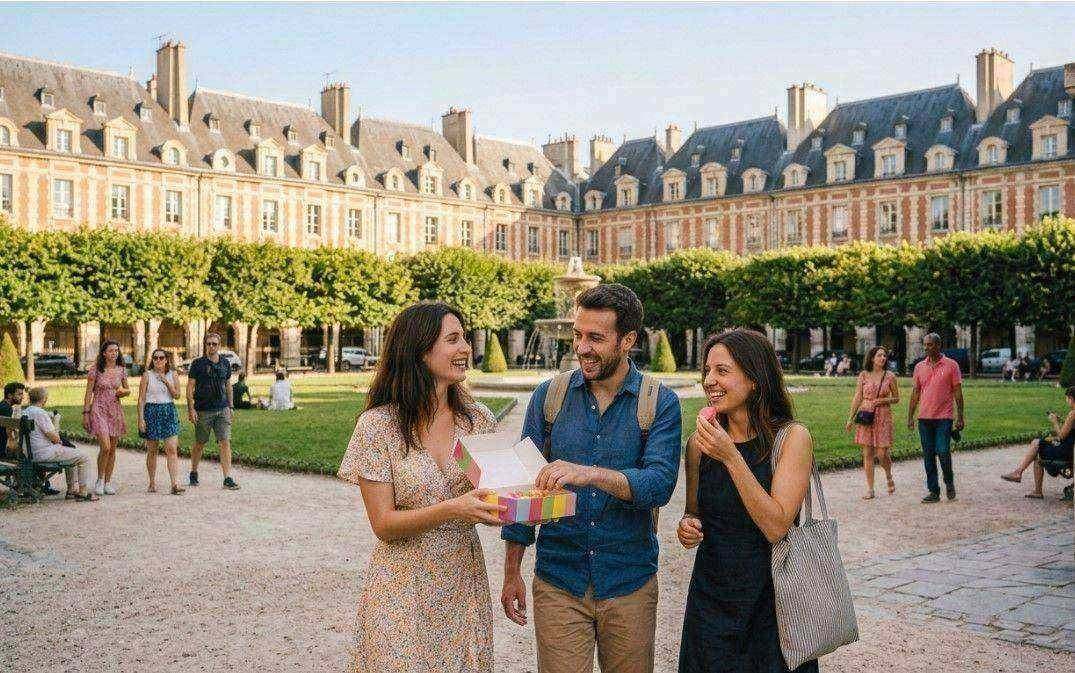 Guests enjoying a private Paris Walk and Taste experience at Place des Vosges